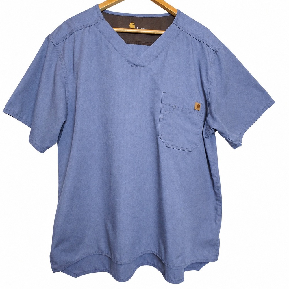 Carhartt Men Large Blue Ripstop Scrub Top V-Neck Workwear Utility Chest Pocket - Picture 1 of 8